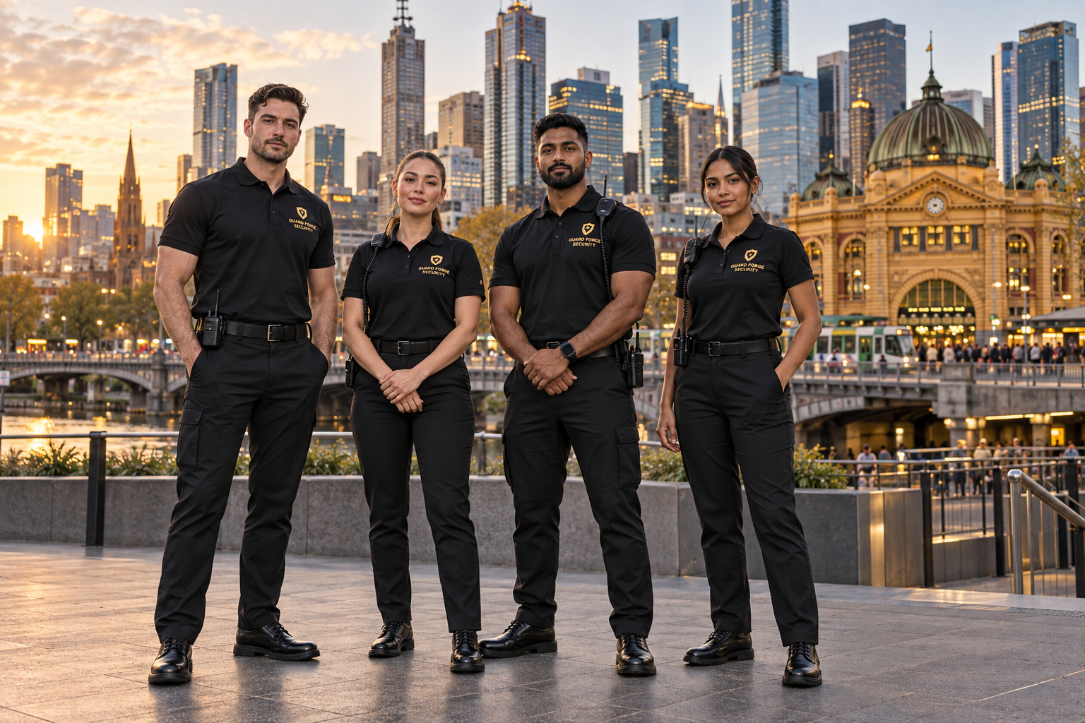 Security uniform illustration showing four officers in black Guard Forge shirts against Melbourne CBD and Flinders Street Station
